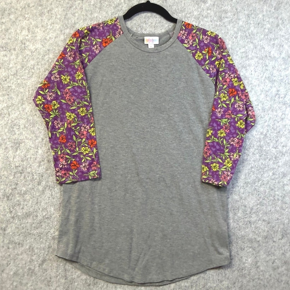 LuLaRoe Randy Baseball Tee Womens Medium Gray Purple Floral Raglan 3/4 Sleeve